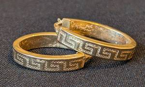 lot 82A image: Pair of 14k Yellow Gold Greek Key Hoop Earrings