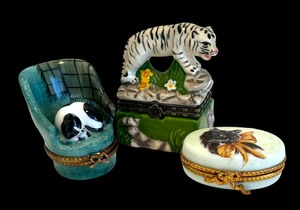 lot 293 image: Cat and Tiger Motif Trinket Boxes by Limoges of France and More