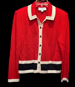 lot 460 image: Lovely St John by Marie Gray Sweater  Jacket in Red with Navy and White Button Down