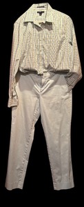 lot 455 image: Banana Republic Sky Blue Pants and Lands End Button Down Green, Blue and White Shirt