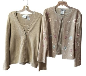 lot 452 image: Stunning Liz Claiborne Sparkle Tank with Cardigan and Adrianna Papell Womens Tan and Pink Floral Cardigan