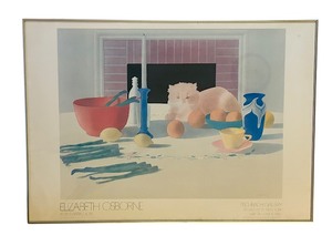 lot 193 image: Elizabeth Osborne 1979 Cat On Table Scene Framed Color Print