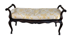 lot 97 image: Vintage Dark Wooden Bench with Rattan Seat Including Removable Yellow and White Cushion