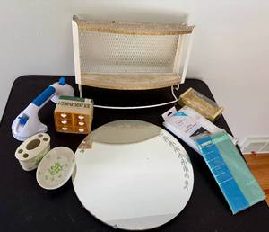 lot 297 image: Vintage Bath Shelf and Mirror  and misc bath items