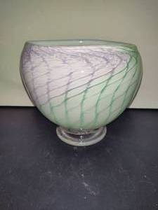 lot 14 image: Pink, Blue & Green Swirl Hand Blown Vase
