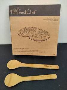 lot 55 image: Pampered Chef Microwave Chip Maker & Wooden Spoons