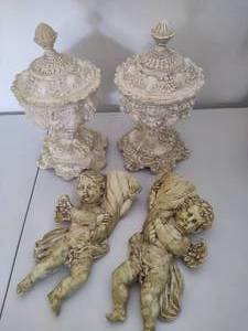 lot 140 image: Two Resin Urns & Hanging Wall Cherubs