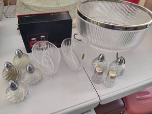 lot 123 image: Silver Trimmed Glass Serving Bowl, Crystal Fork & Spoon Holder and more