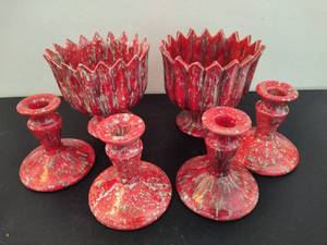 lot 84 image: Red Drip Glazed Ceramic Candle Sticks & Planters