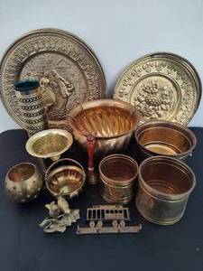 lot 80 image: Assorted Brass Decor - Planters - Candle Holders - Platters