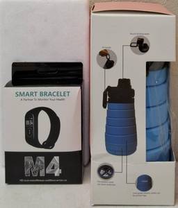 lot 4 image:  NEW (1) M4 Smart Bracelet - HD Color Screen  Message View  45 Day Battery Life & (1) Silicone Storage Collapsible Water Bottle - Blue Bottle with Black Lid (View Photos for more Details)