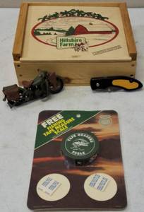 lot 27 image: Little Treasures - (1) Hillshire Farm Limited Edition Wooden Box (1) Stainless Rostfrei Pocket Knife (1) Skoal - Fishing Tape Measure Scale  & (1) Minature Motorcycle (View Photos)
