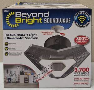 lot 53 image: BEYOND BRIGHT SOUNDWAVE  LIGHT & SPEAKER  NEW  Screws into Any Light Socket (300% Brighter Than 60W Bulb)