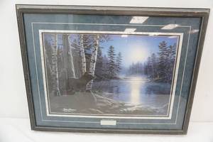 lot 148 image: framed & matted black bear print. Meger