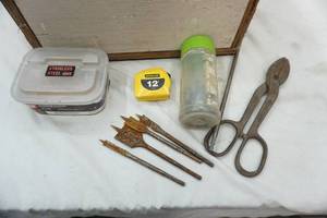 lot 296 image: wooden tool box & contents