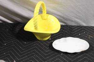 lot 11 image: Vintage Yellow Ceramic Basket with Twisted Handle