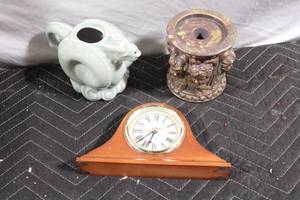 lot 36 image: Antique Mantle Clock with Ceramic Pitcher and Decorative Holder