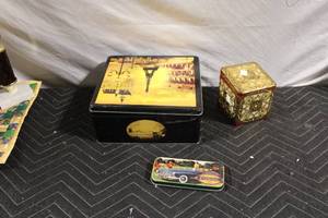 lot 49 image: Collection of 3 Decorative Tins with Unique Designs