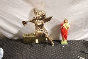 lot 60 image: Set of Religious Statues Trumpeting Angel and Jesus