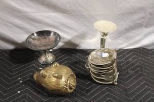lot 62 image: Collection of Decorative Vintage Metalware - Candle Holder, Coasters, Figurine, and Compote Dish