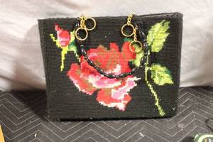 lot 85 image: Vintage Needlepoint Bag with Rose Design and Beaded Handles