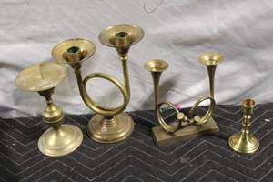 lot 100 image: Collection of 5 Vintage Brass Candle Holders