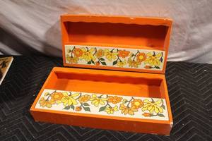 lot 104 image: Set of 2 Vintage Orange Wooden Wall Shelves with Floral Design