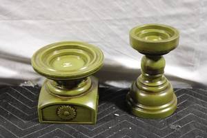 lot 141 image: Pair of Green Ceramic Candle Holders with Floral Accents