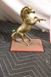 lot 153 image: Brass Rearing Horse Figurine on Wooden Base