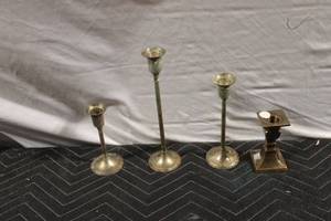 lot 261 image: Collection of 4 Brass Candlestick Holders with Varying Heights