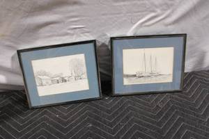 lot 281 image: Set of 2 Framed Sketch Prints Historical Village & Ship