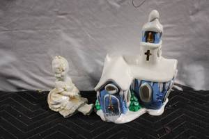 lot 298 image: Vintage Porcelain Figurine and Winter Chapel Decor Set