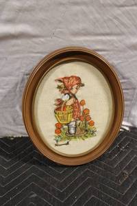 lot 302 image: Vintage Hummel Embroidered Picture in Oval Frame