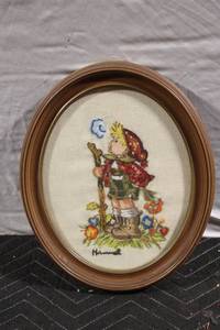 lot 324 image: Vintage Hummel Embroidered Artwork in Wooden Frame
