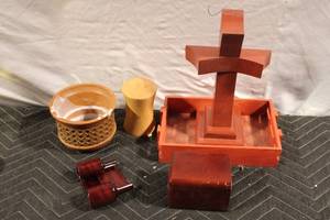 lot 325 image: Collection of Wooden Decorative Items Including Cross and Pottery