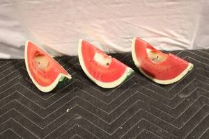 lot 375 image: Set of 3 Watermelon Slice Shaped Decorative Candles