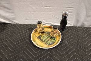 lot 423 image: Decorative Plate with Salt & Pepper Shakers and Pepper Grinder