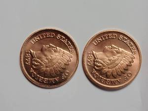 lot 14 image: 2 1877 1 Oz. Indian Head Copper Rounds  (they are larger than a Indian Head Cent)