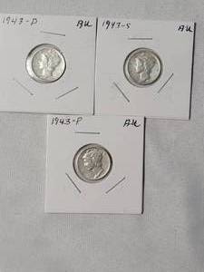 lot 21 image: 1943-PDS Mercury Dimes Silver