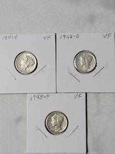lot 23 image: 1941 -S, 1942-D, 1943-P Mercury Dimes Silver