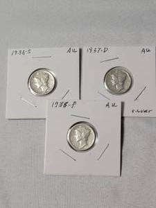 lot 24 image: 1936-S, 1937-D, 1938-P Mercury Dimes Silver
