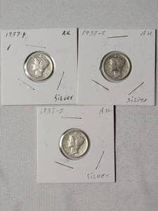 lot 25 image: 1937 -PDS Mercury Dimes Silver