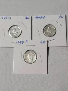 lot 26 image: 1943-PDS Mercury Dimes Silver