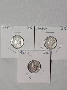 lot 27 image: 1943-PDS Mercury Dimes Silver