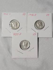 lot 29 image: 1935-S, 1936-D, 1937-P Mercury Dimes Silver