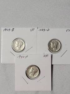 lot 31 image: 1938-S, 1939-D, 1940-P Mercury Dimes Silver