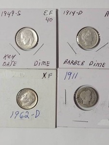 lot 65 image: 1949-S , 1962-D Silver Roosevelt Dimes, 19111914-D Silver Barber Dimes