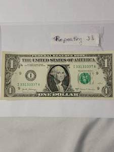 lot 66 image: 2017 1 dollar bill   (Repeating 3s)