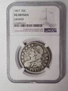 lot 1 image: 1827 Silver Bust Half Dollar VG Details Graffiti Square Base 2