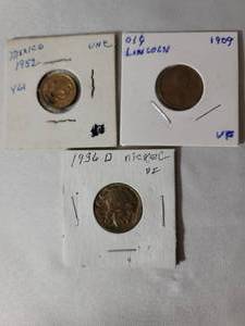 lot 69 image: 1936 Buffalo Nickel, 1909 Lincoln Penny, 1962 Mexico Peso